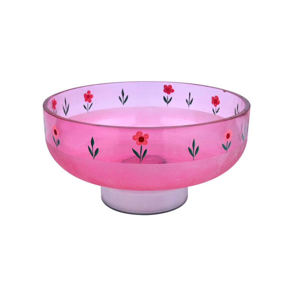 Hand-Painted Floral Glass Urli Bowl With Base (Pink)