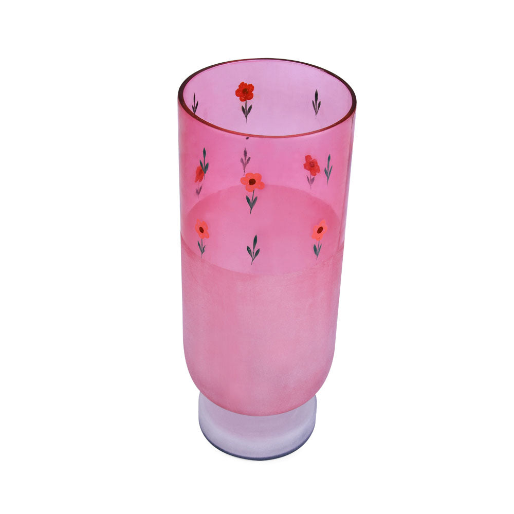 Hand-Painted Floral Frost Large Glass Vase (Pink)