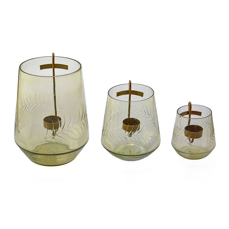 Decorative Leafy Glass Candle Holder Set of 3 (Yellow)