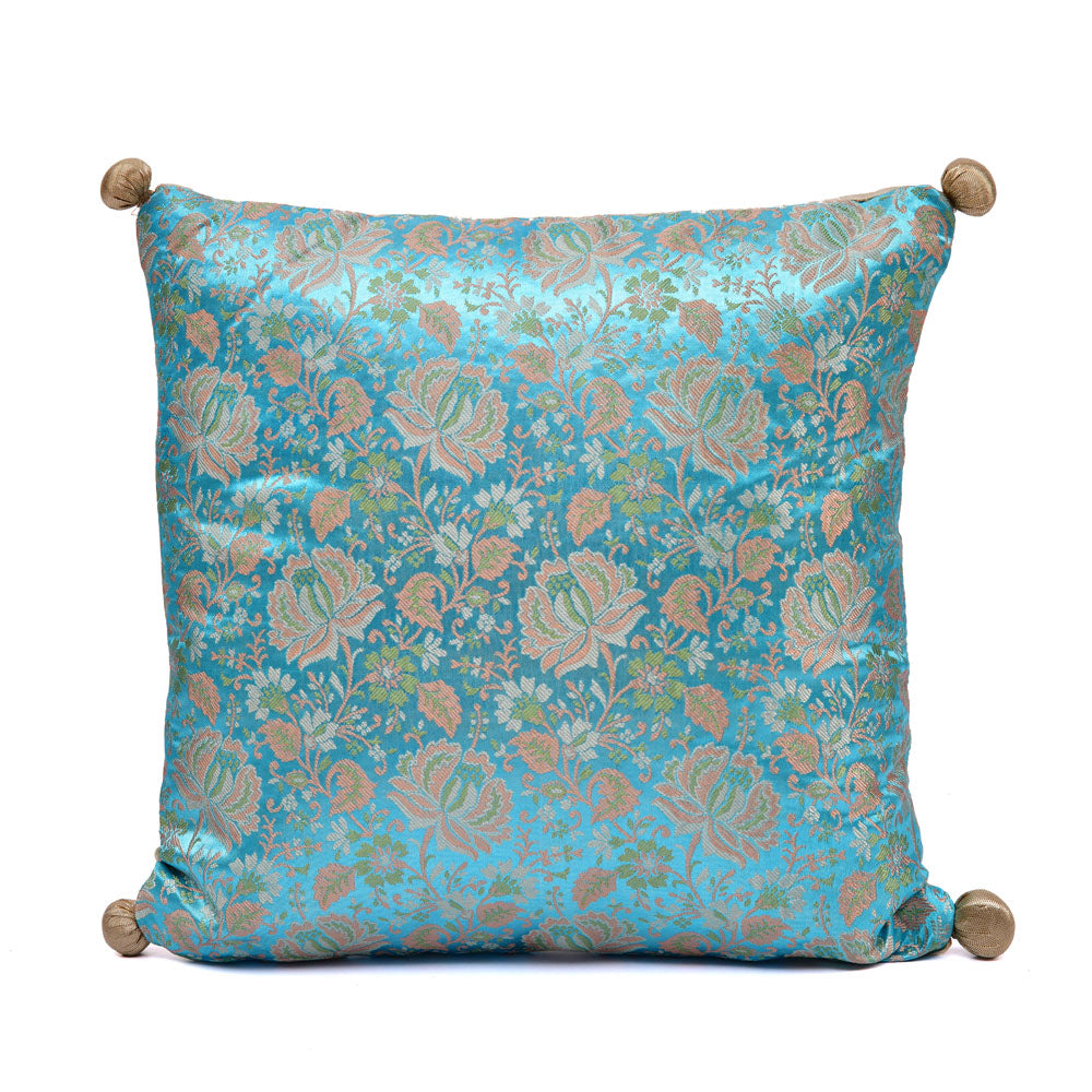 Brocade Floral Polyester 12" x 12" Filled Cushion (Blue)