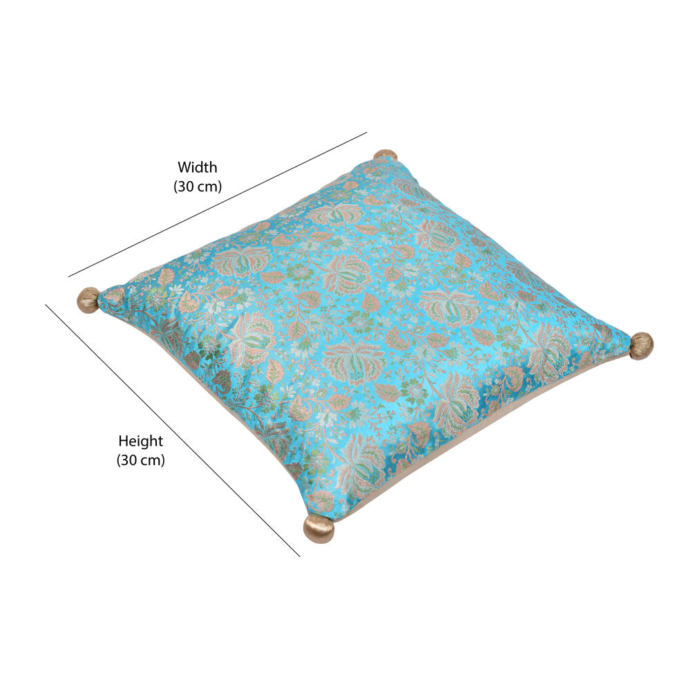 Brocade Floral Polyester 12" x 12" Filled Cushion (Blue)