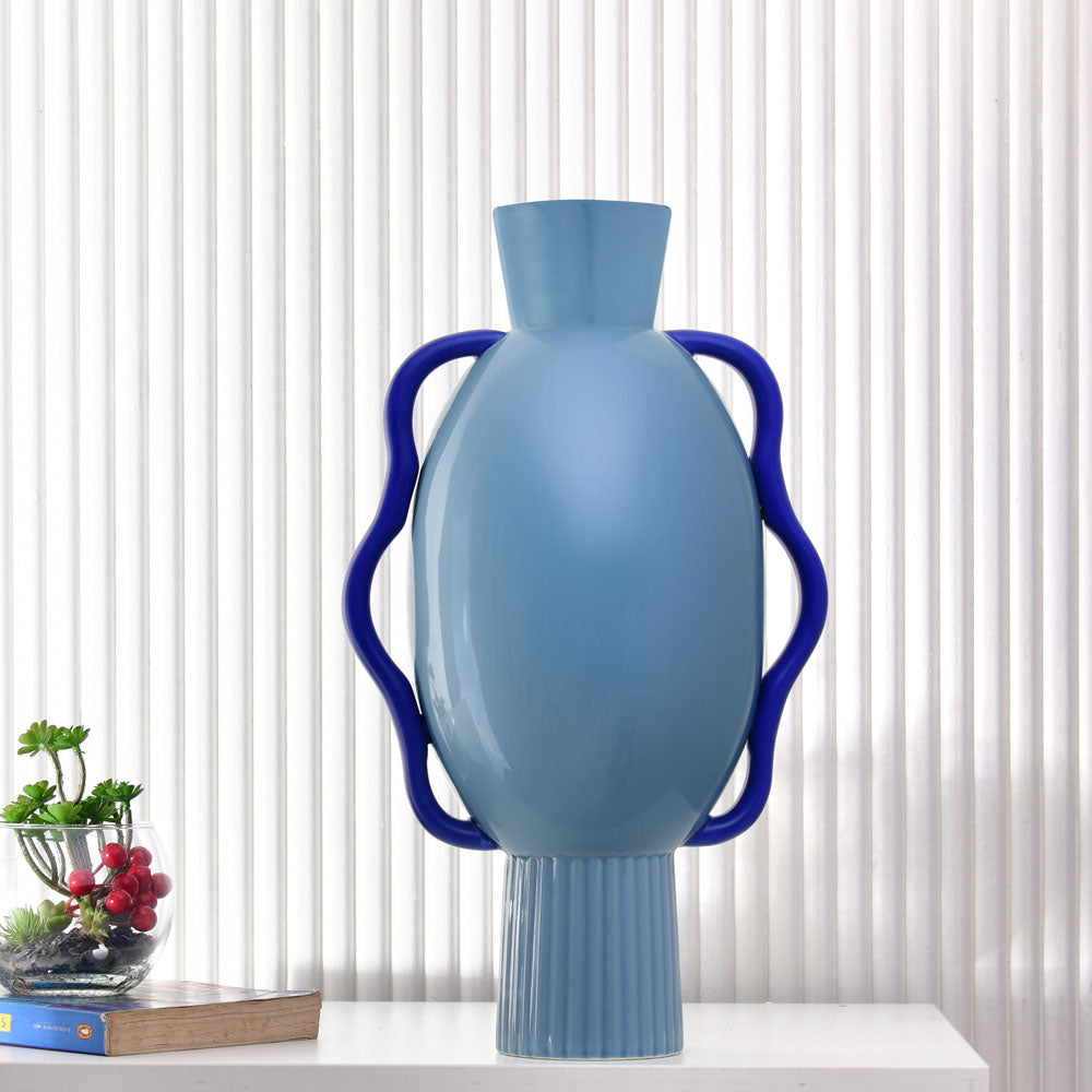 Decorative Semi Fluted Design Dolomite Vase With 2 Handles (Blue)