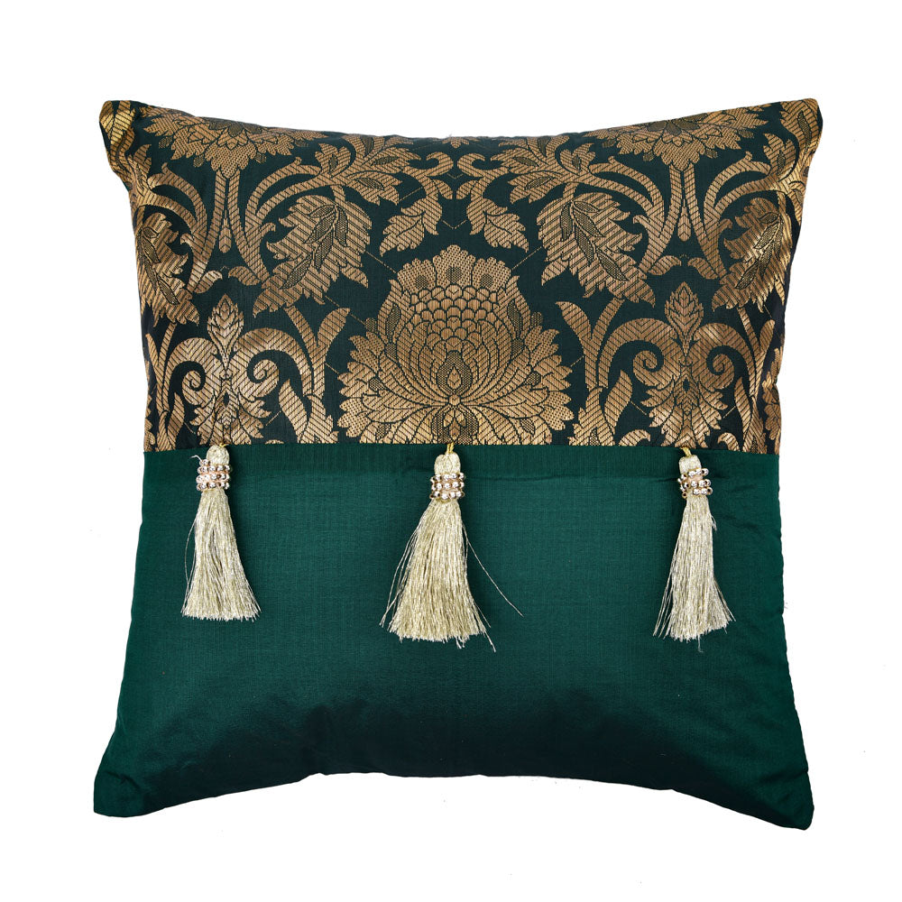 Brocade with Tassel Polyester 12" x 12" Filled Cushion (Green)