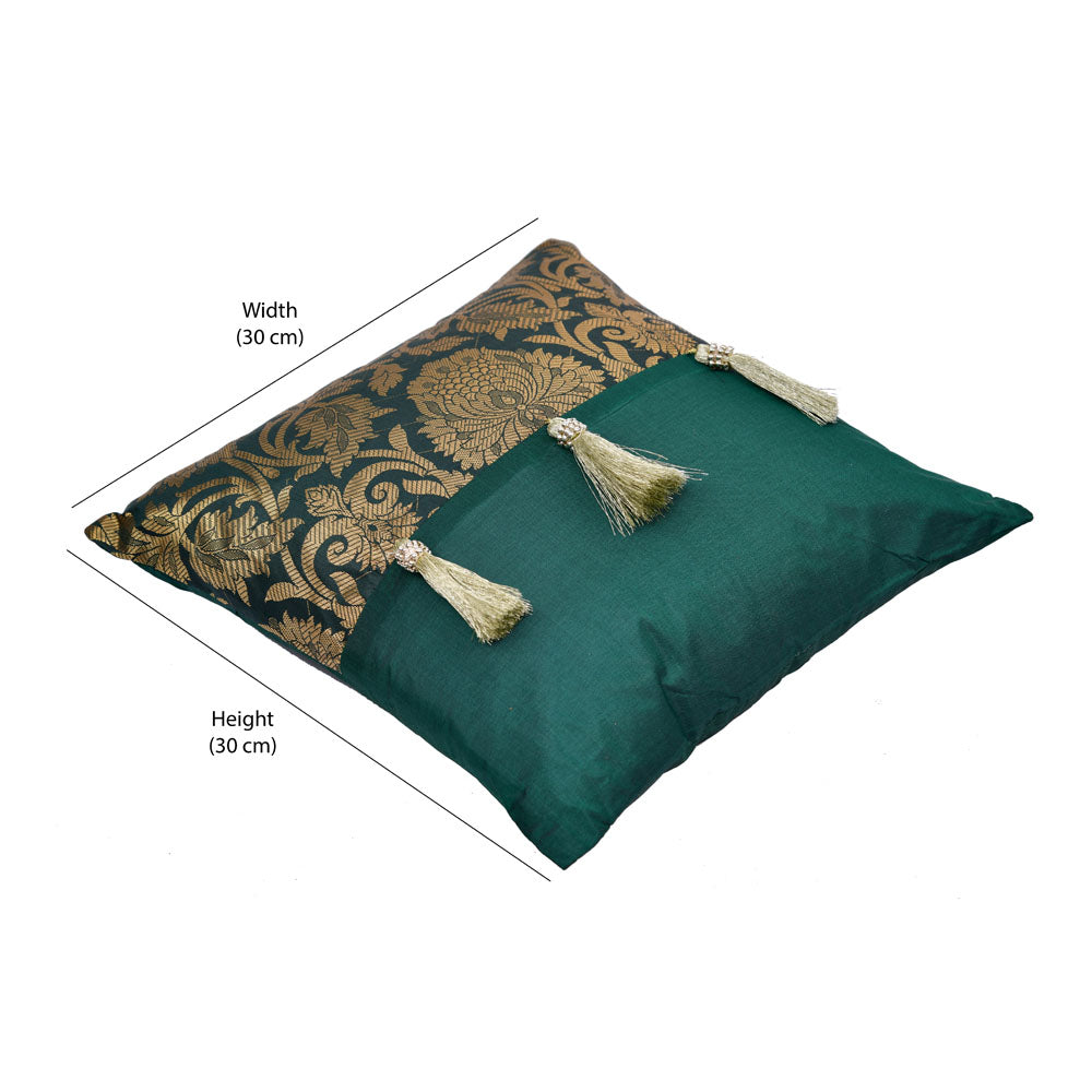 Brocade with Tassel Polyester 12" x 12" Filled Cushion (Green)