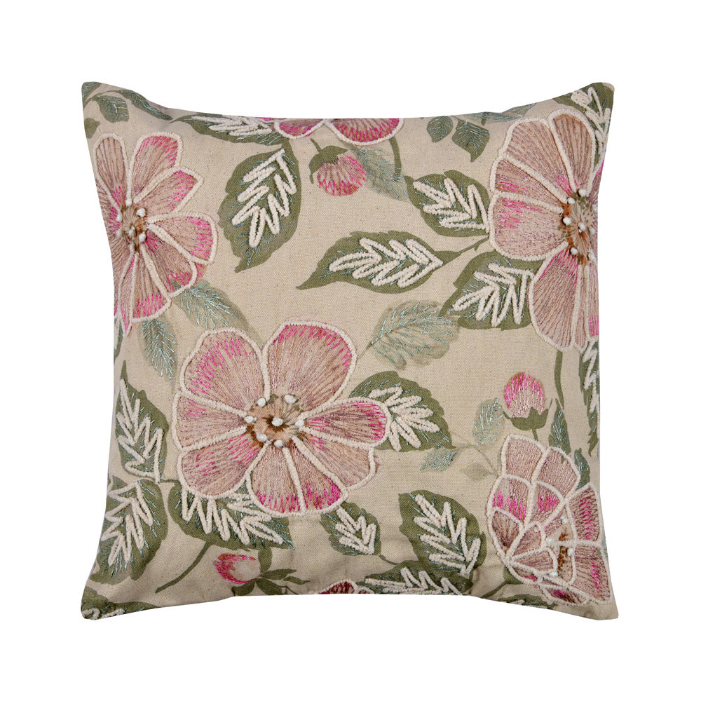 Floral Cotton 16" x 16" Cushion Cover (Beige & Green)