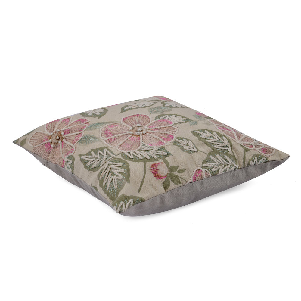 Floral Cotton 16" x 16" Cushion Cover (Beige & Green)