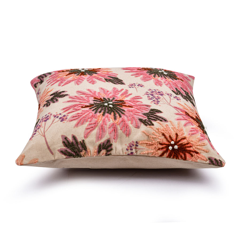 Multi Flower Cotton 16" x 16" Cushion Cover (Pink & Peach)