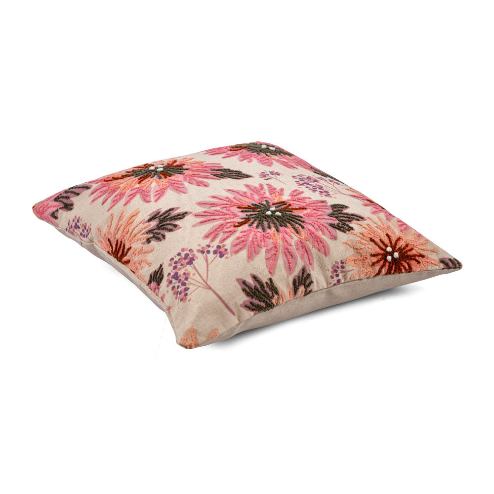 Multi Flower Cotton 16" x 16" Cushion Cover (Pink & Peach)