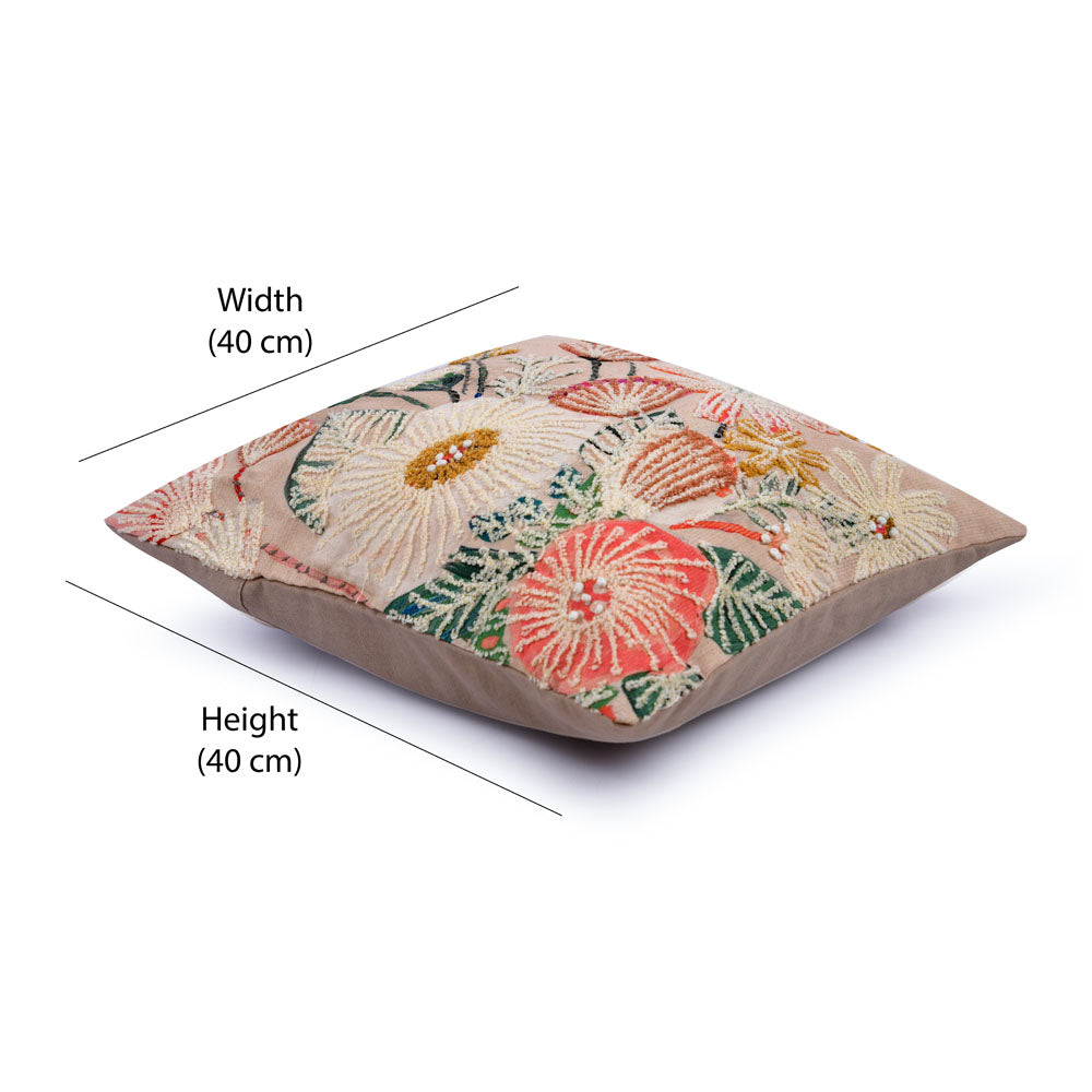 Embroidered Cotton 16" x 16" Cushion Cover (White & Pink)