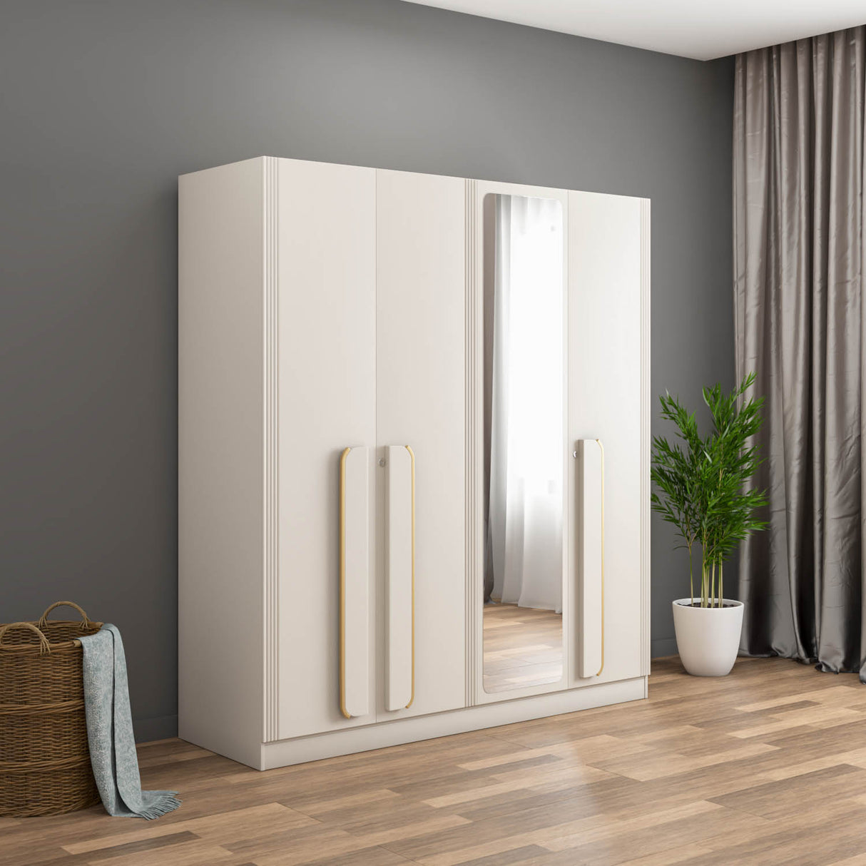 Phoenix 4 Door Wardrobe with Mirror and LED Light (Beige)