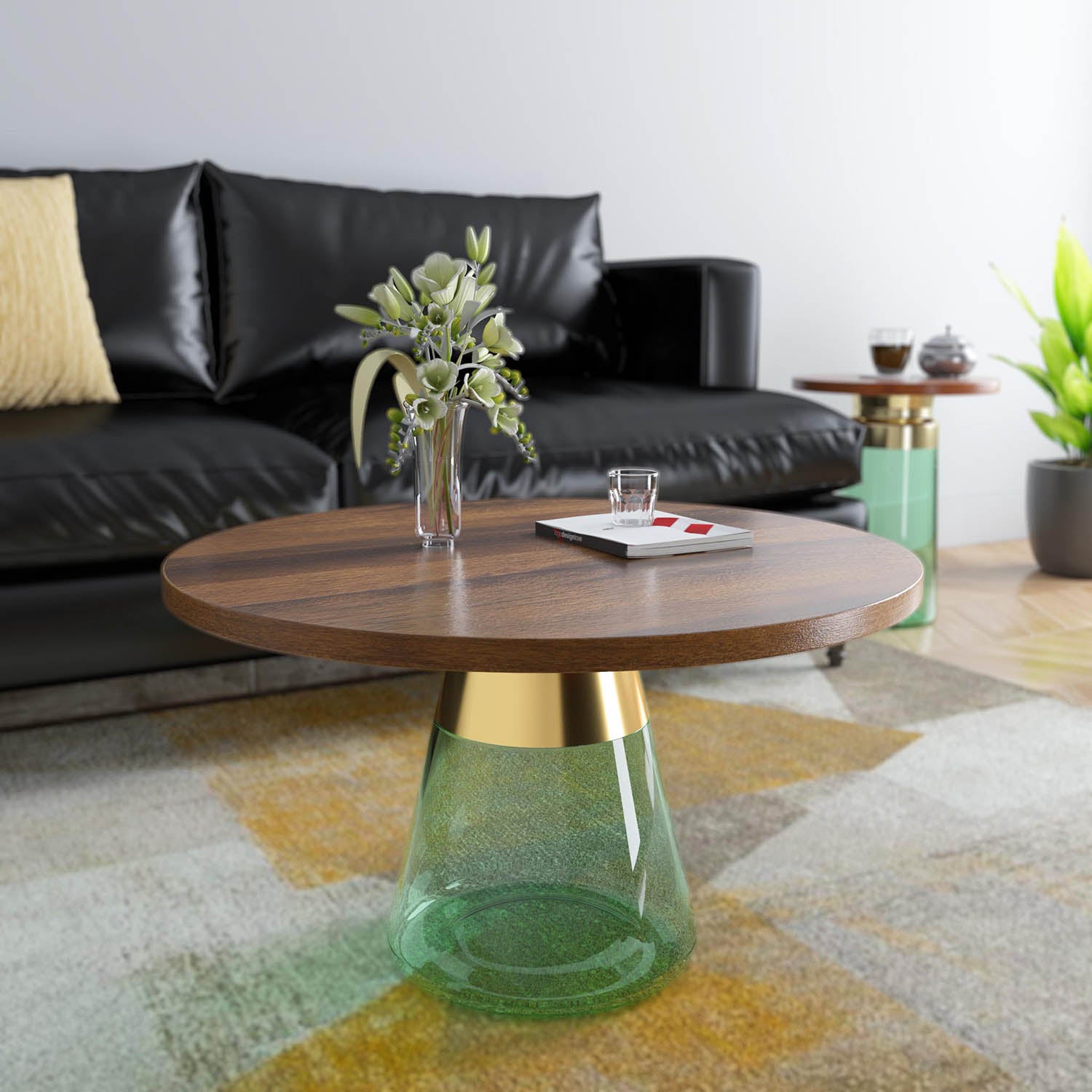 Pixie Glass Center Table With Wooden Top (Walnut)