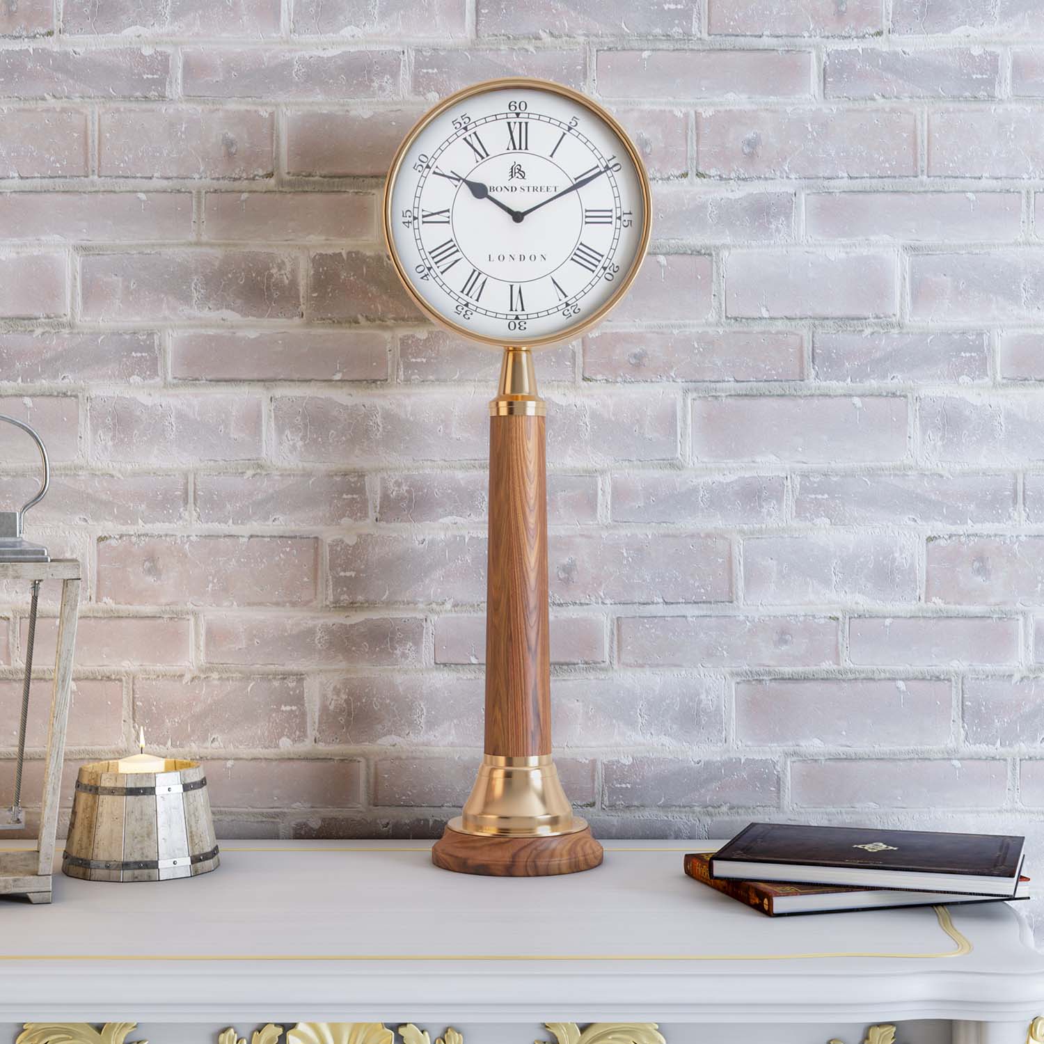 Classic Metal and Wooden Table Clock (Gold & Brown)