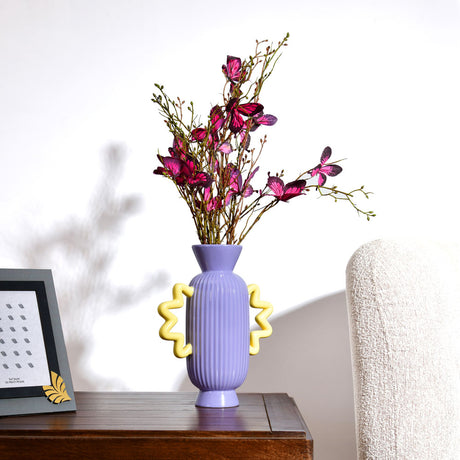 Decorative Fluted Design Dolomite Vase With 2 Curvy Handles (Purple & Yellow)