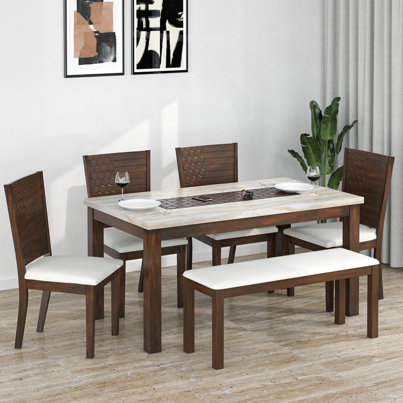 York Solid Wood 6 Seater Dining Set with Bench (Antique Cherry)