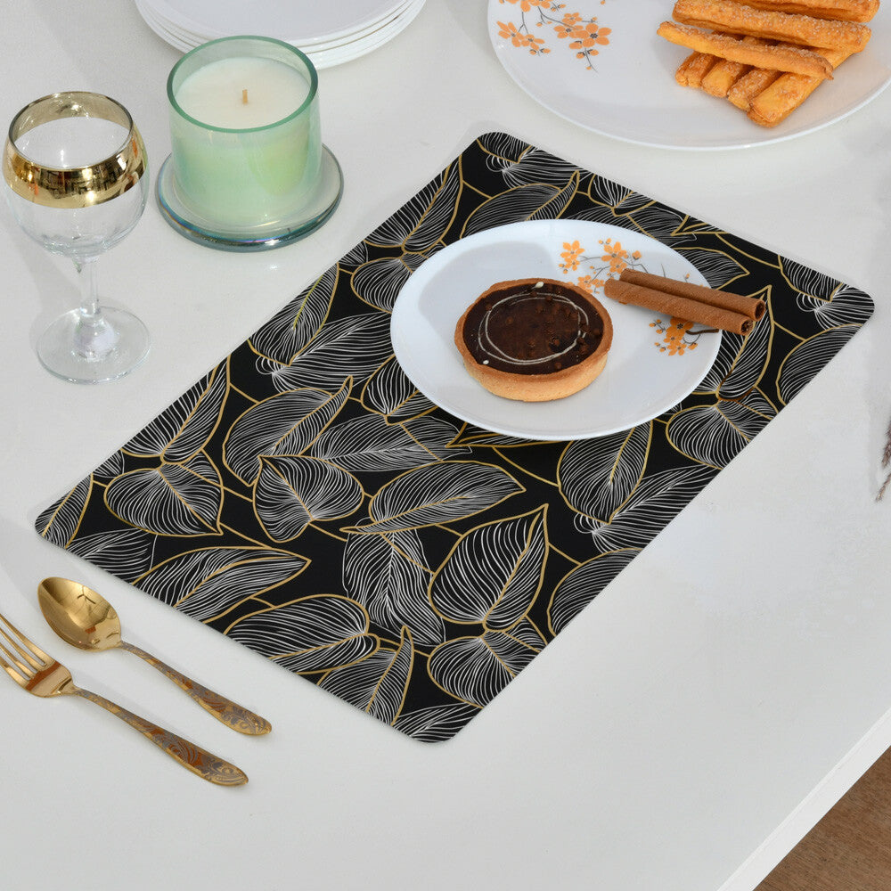 Rectangular Leaves Design 43.5 x 28.5 cm Table Placemat Set of 4 (Black)