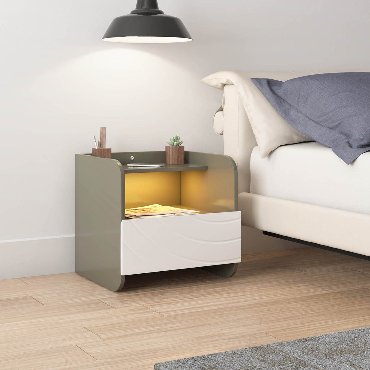 Cassini Night Stand with Led Light and Wireless Charging Area (White)