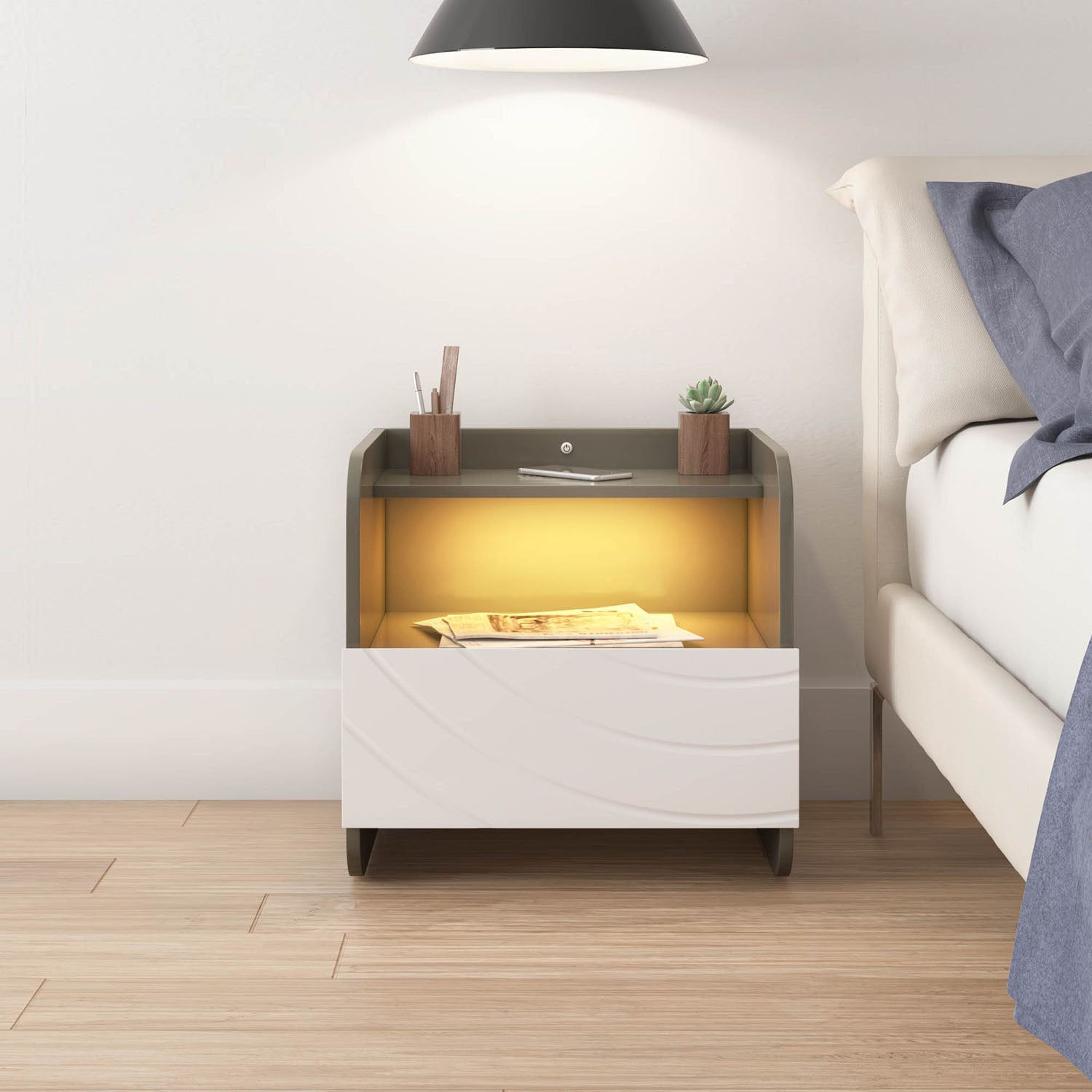 Cassini Night Stand with Led Light and Wireless Charging Area (White)