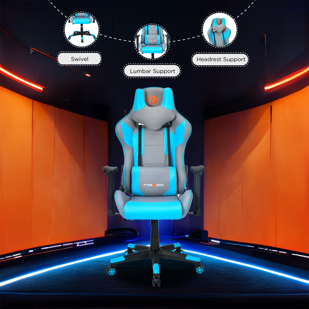 Athena Leatherette Ergonomic Gaming Chair with Neck & Lumbar Pillow (Grey & Turquoise)