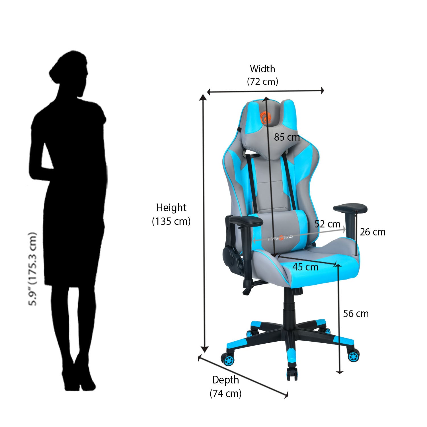 Athena Leatherette Ergonomic Gaming Chair with Neck & Lumbar Pillow (Grey & Turquoise)