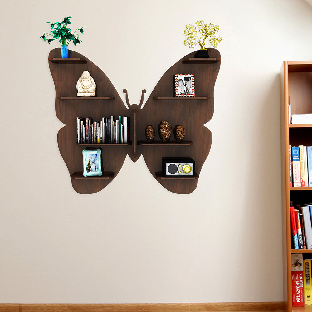 Butterfly Engineered Wood Wall Shelf with Back Light (Walnut)