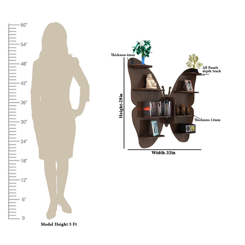 Butterfly Engineered Wood Wall Shelf with Back Light (Walnut)