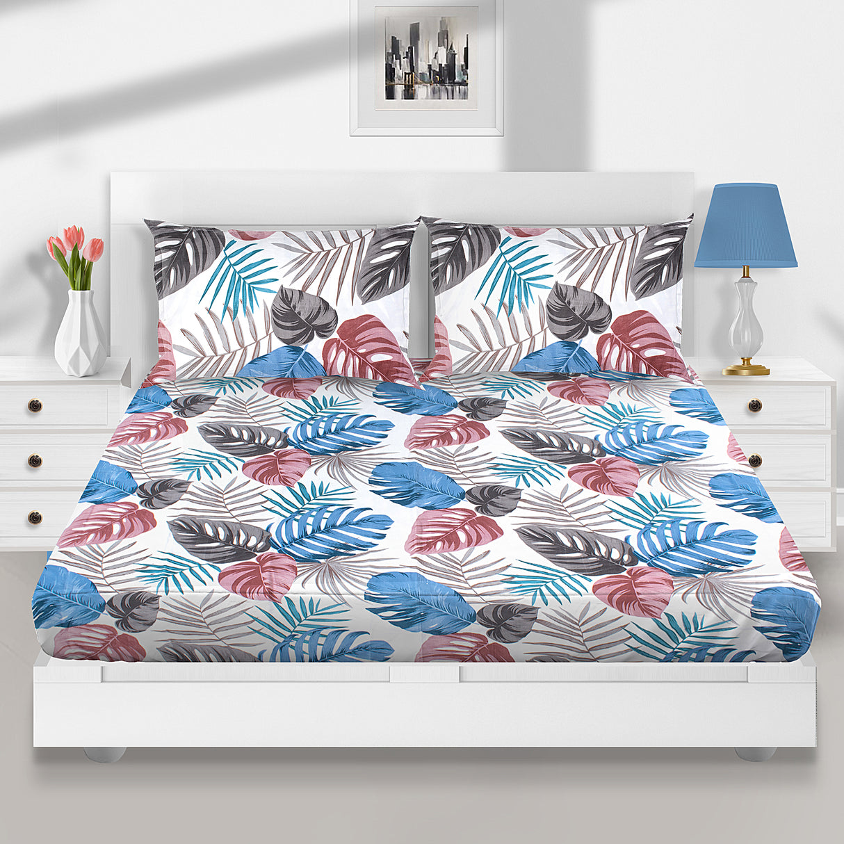 Utopia Foliole Floral Polyester Double Bedsheet With 2 Pillow Covers (Blue)