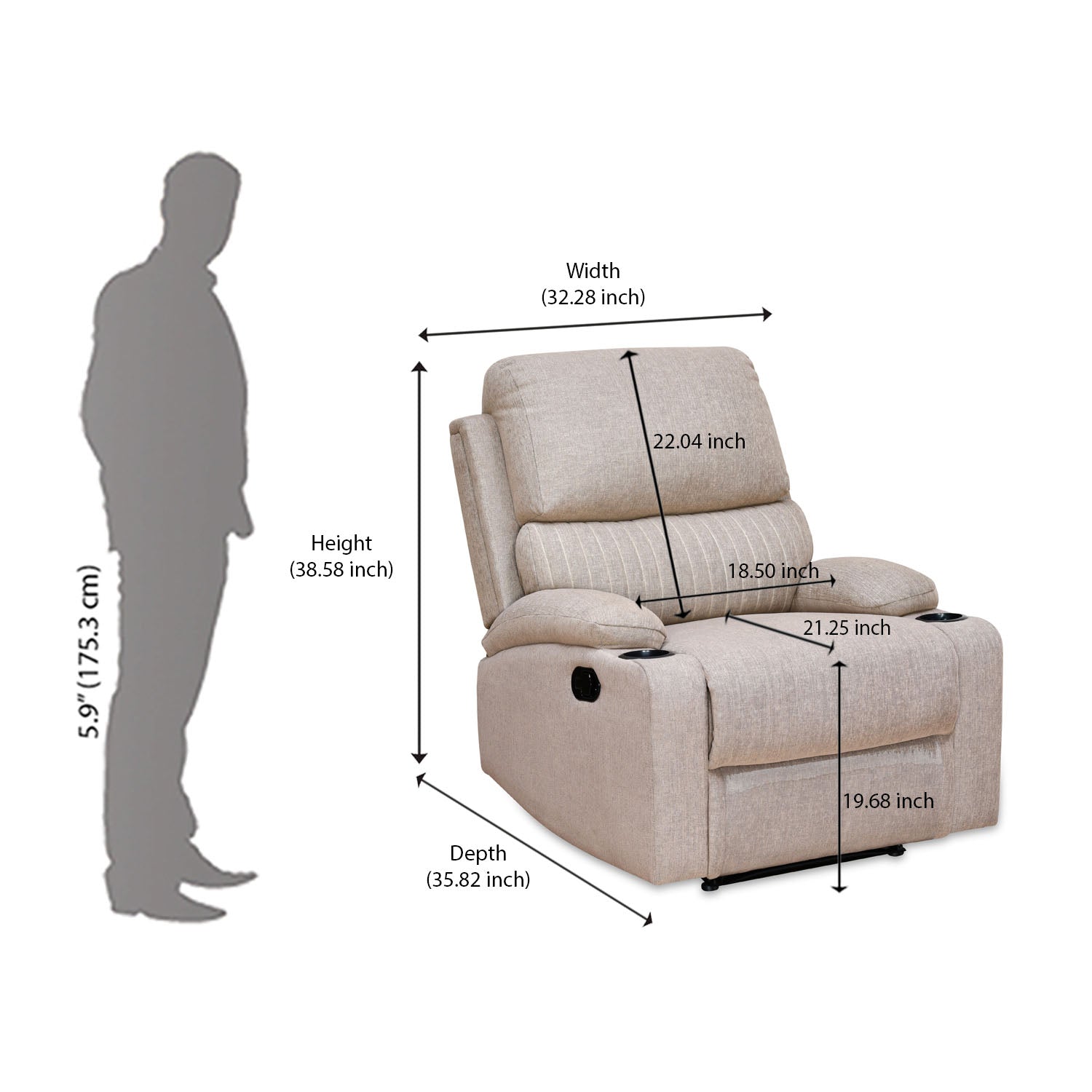 Comfy 1 Seater Fabric Manual Recliner with Cup Holder (Beige)