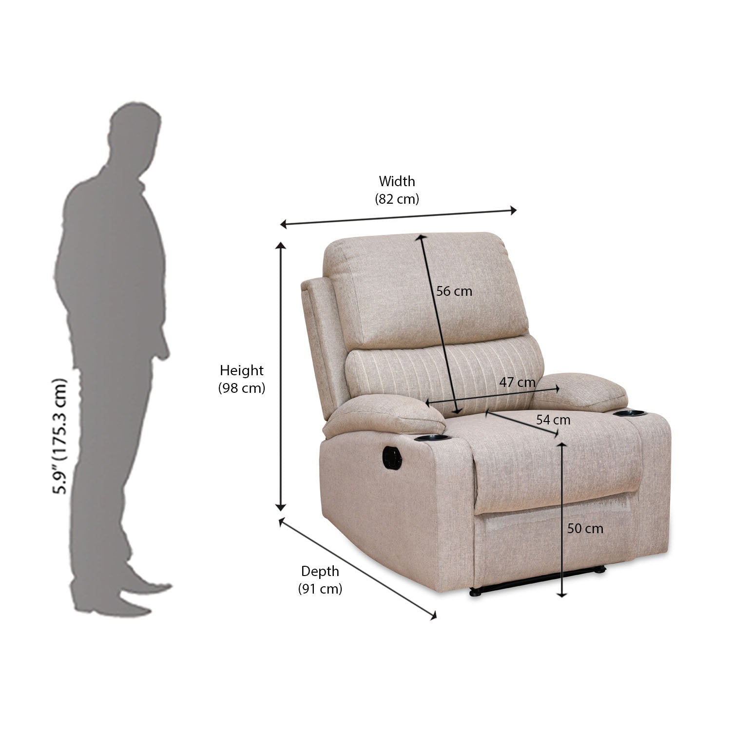 Comfy 1 Seater Fabric Manual Recliner with Cup Holder (Beige)