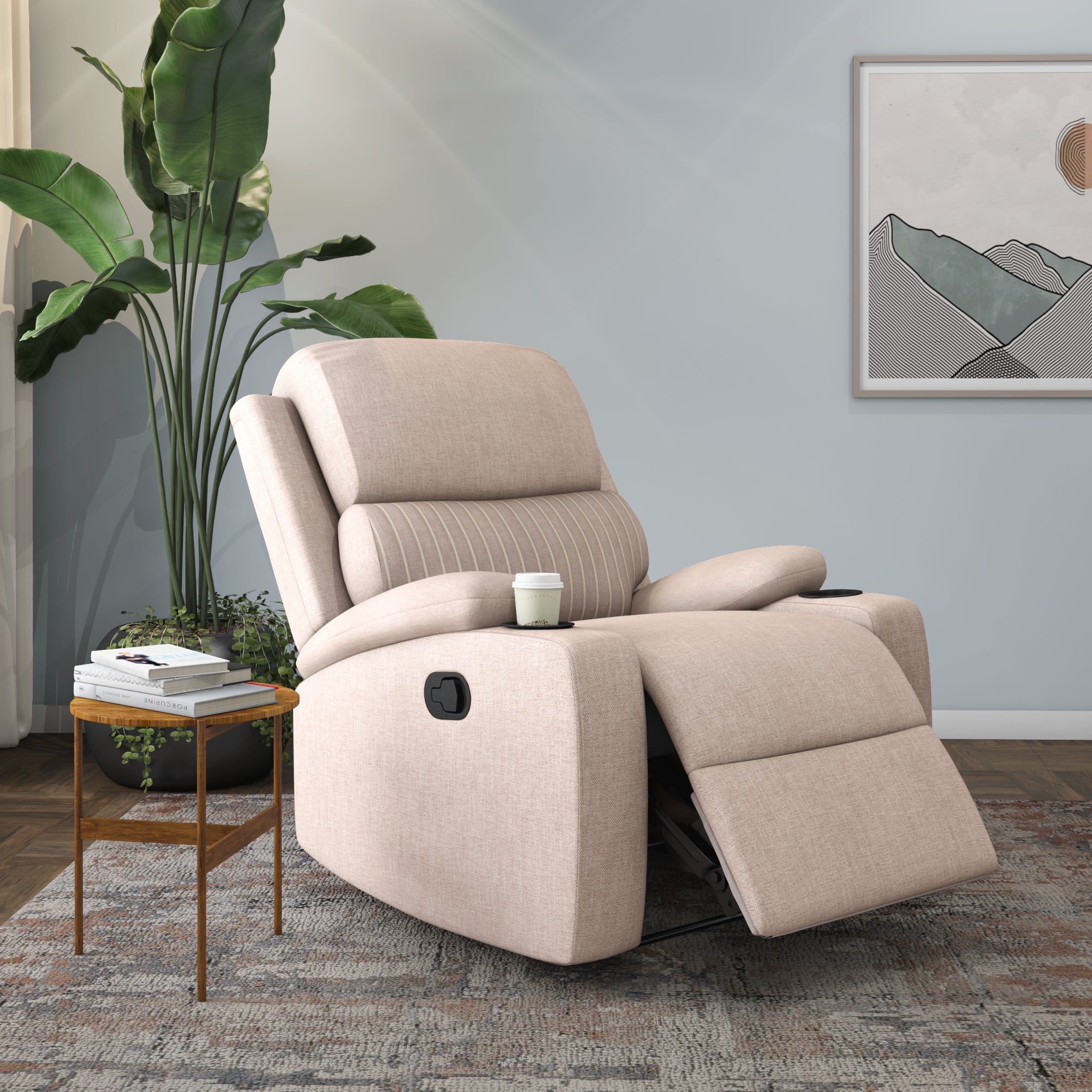 Comfy 1 Seater Fabric Manual Recliner with Cup Holder (Beige)