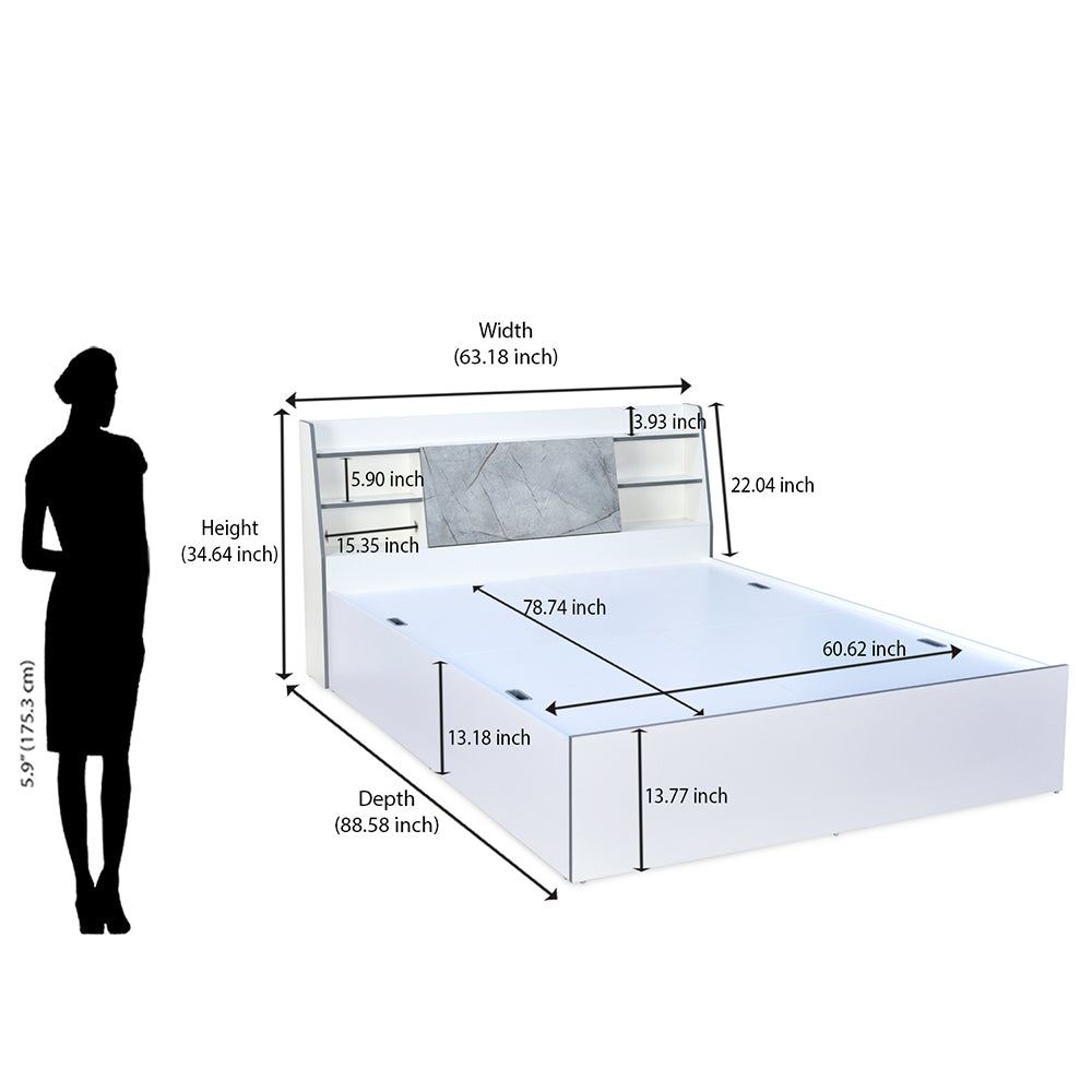 Marbito Queen Bed With Headboard & Box Storage (White)