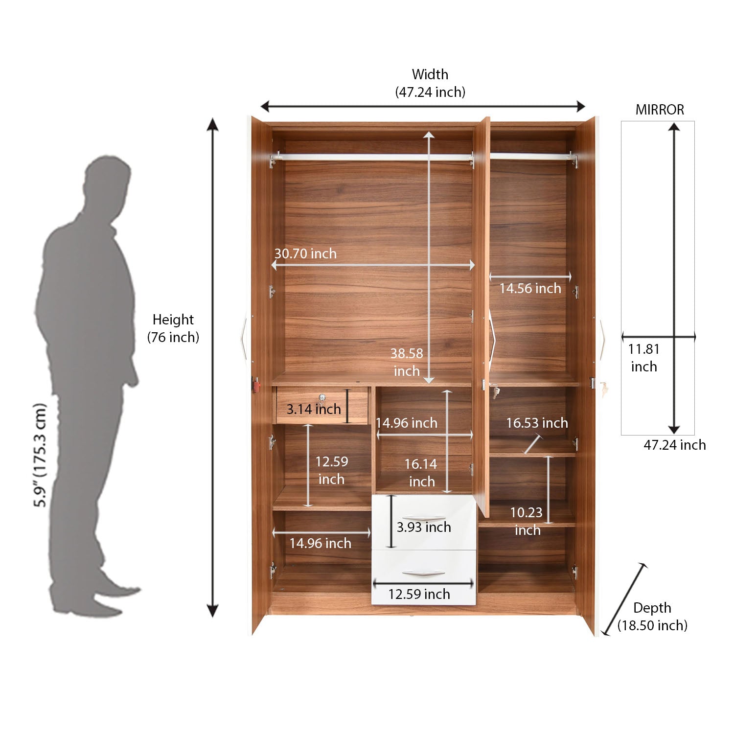 Eternal 3 Door Wardrobe With Mirror (Teak Finish)