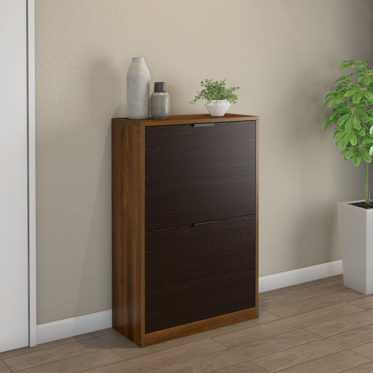 Florine Engineered Wood 2 Tier Shoe Cabinet (Walnut & Wenge)