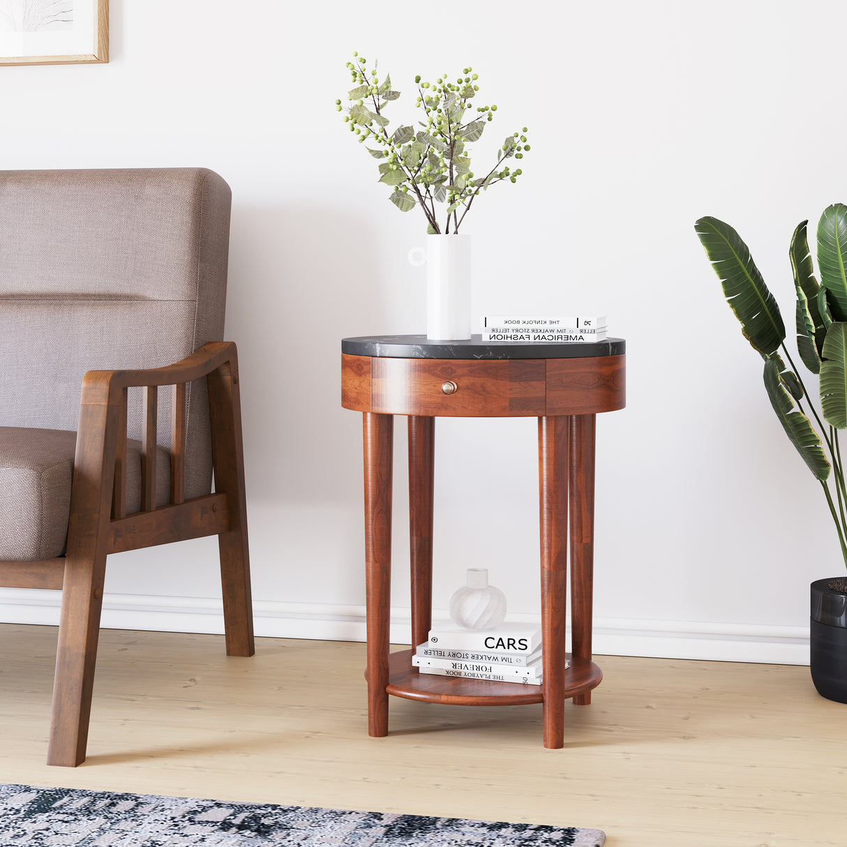 Kyran Round Side Table with Drawer & Shelf Storage (Red Walnut)