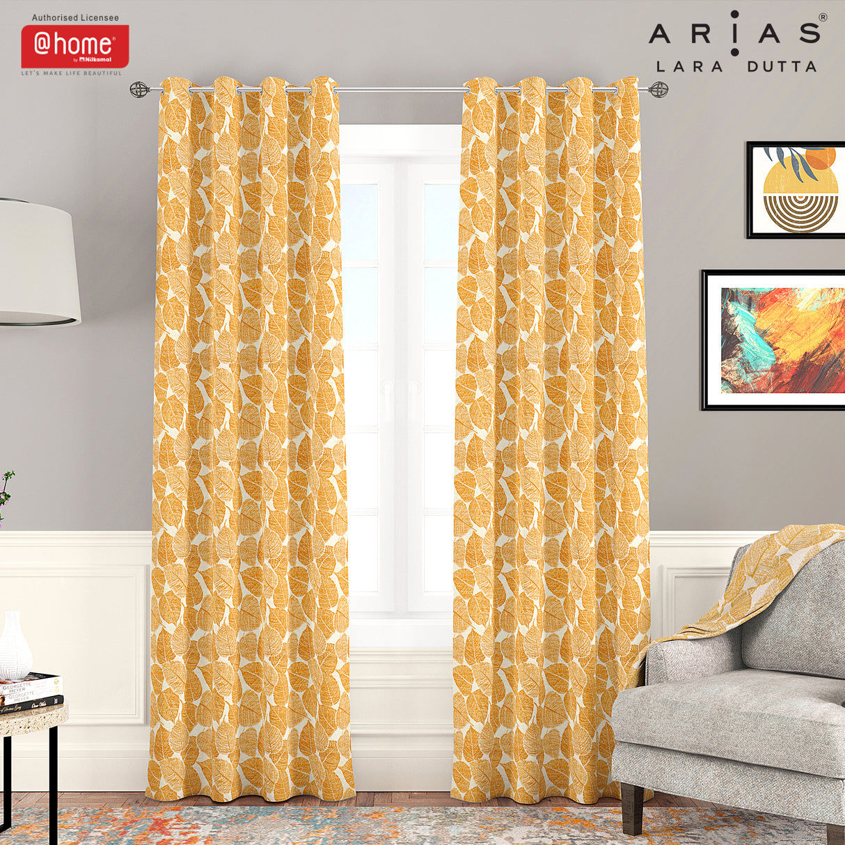 Arias by Lara Dutta Luxuria Jacquard Leaf 7 Ft Polyester Door Curtain Set of 2 (Mustard)