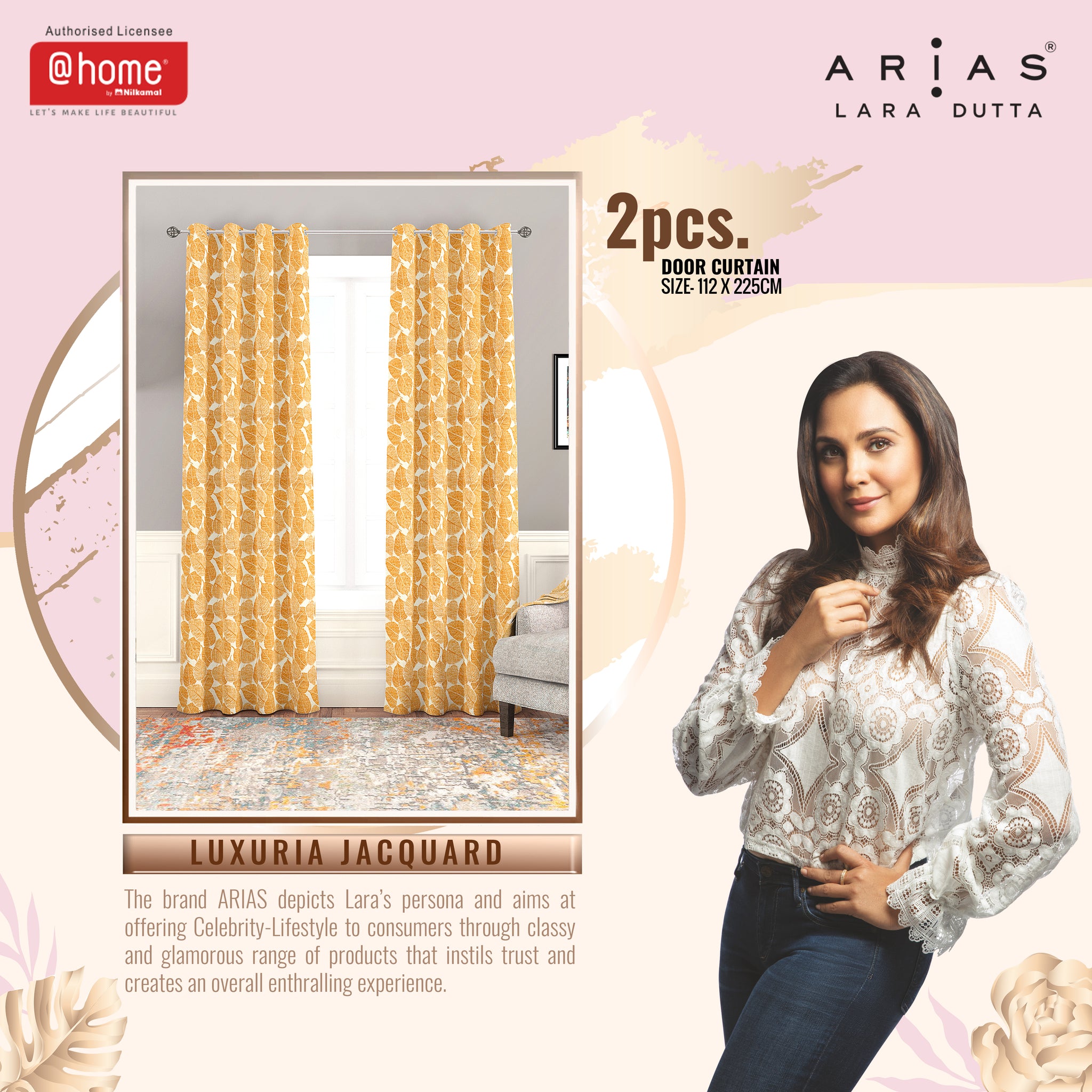 Arias by Lara Dutta Luxuria Jacquard Leaf 7 Ft Polyester Door Curtain Set of 2 (Mustard)