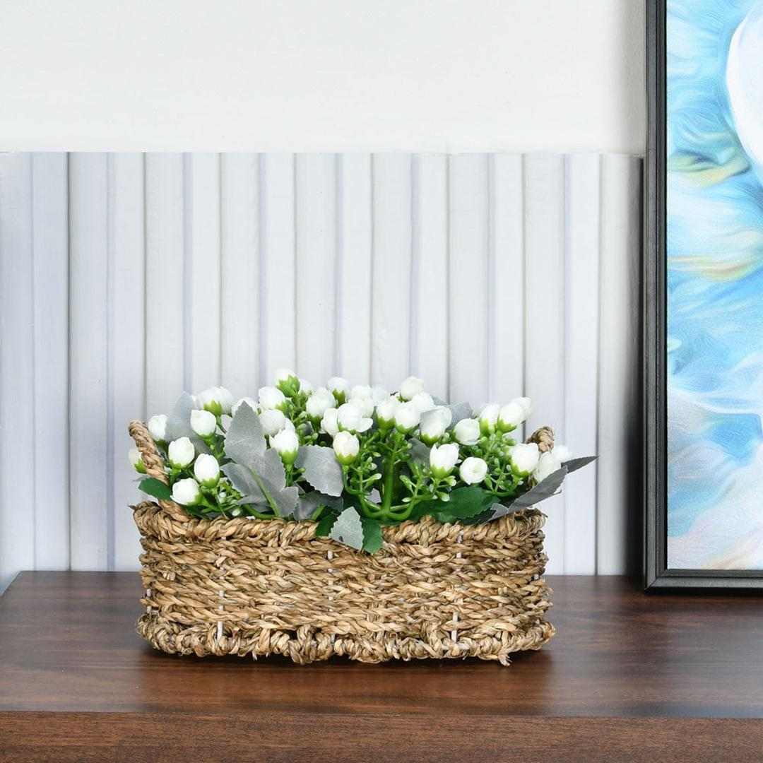 Rose Buds Basket Potted Plant (White)