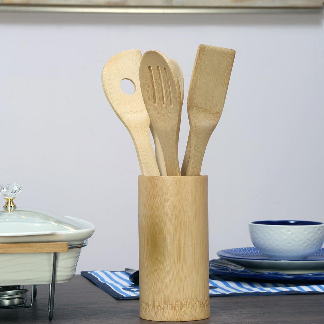 Bamboo Kitchen Tool Set Of 5 Piece With Stand (Brown)