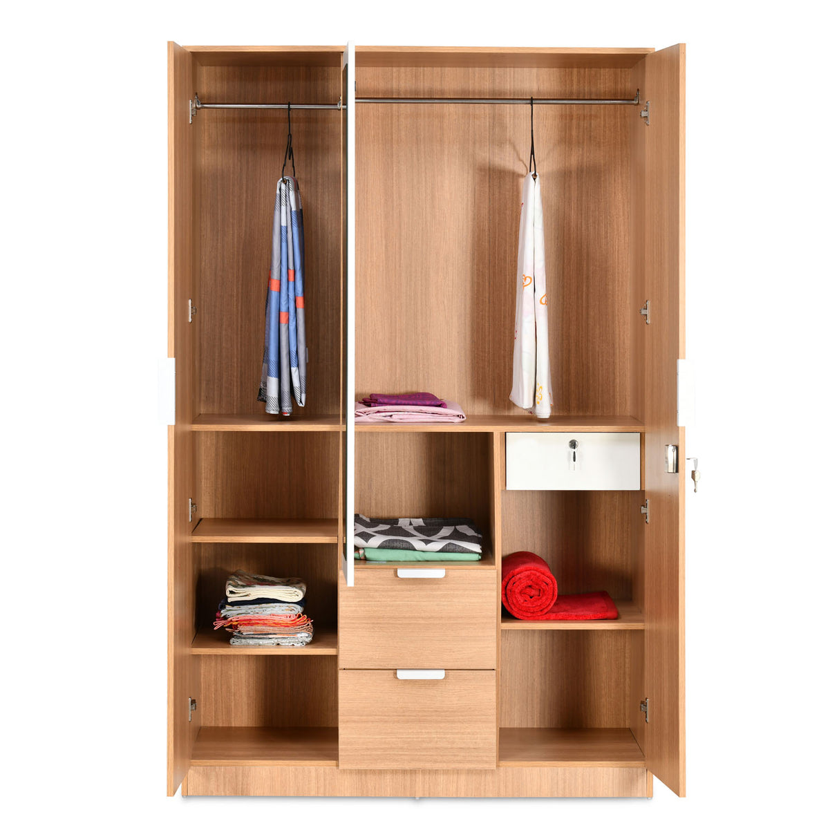 Indio 3 Door Wardrobe with Mirror (Teak & White)