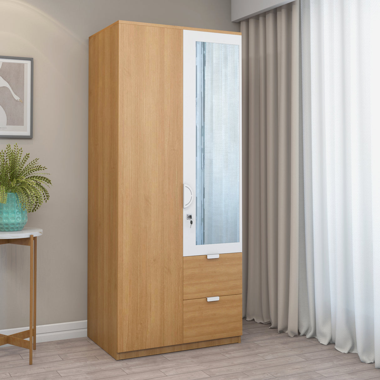 Indio 2 Door Wardrobe With Mirror (Teak & White)