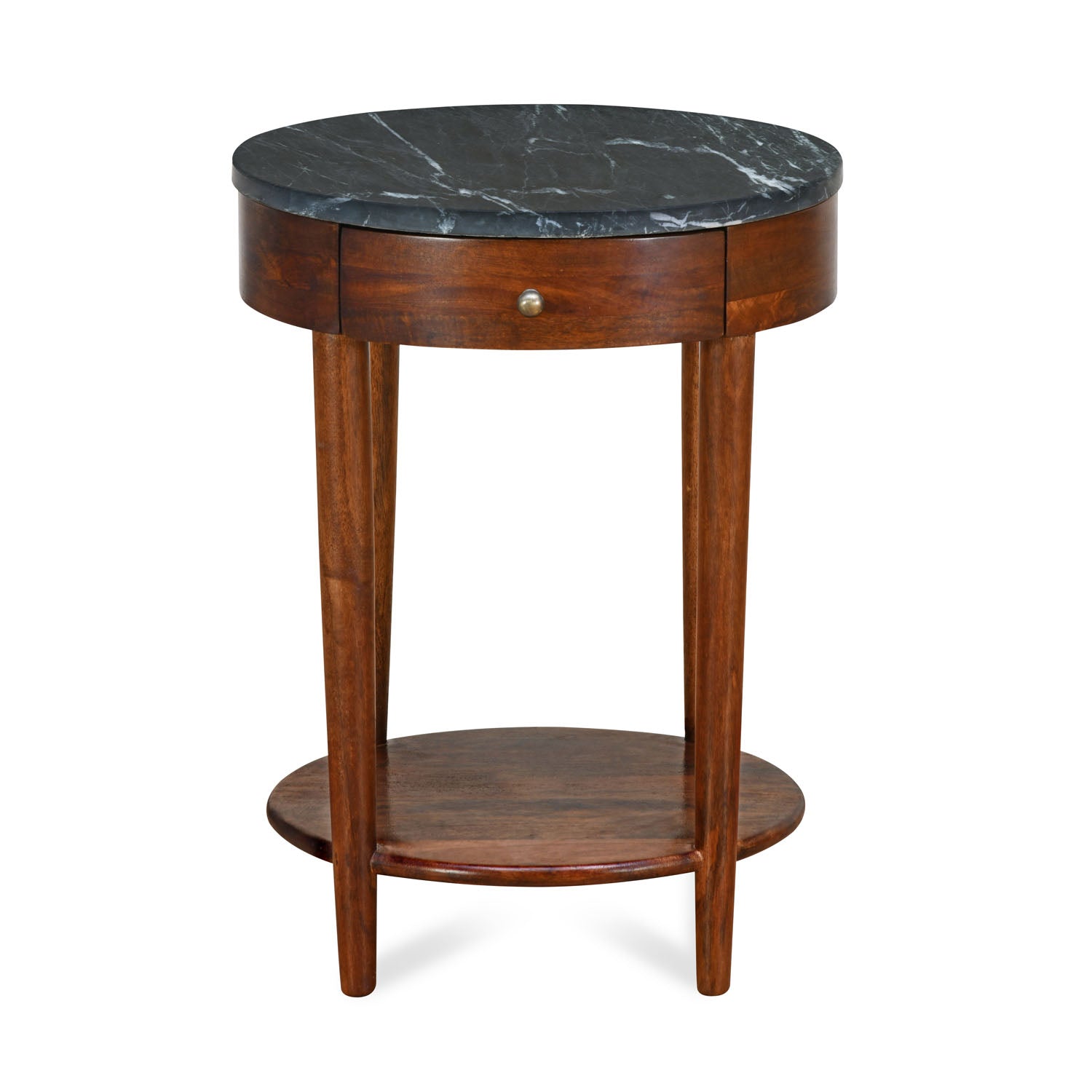 Kyran Round Side Table with Drawer & Shelf Storage (Red Walnut)