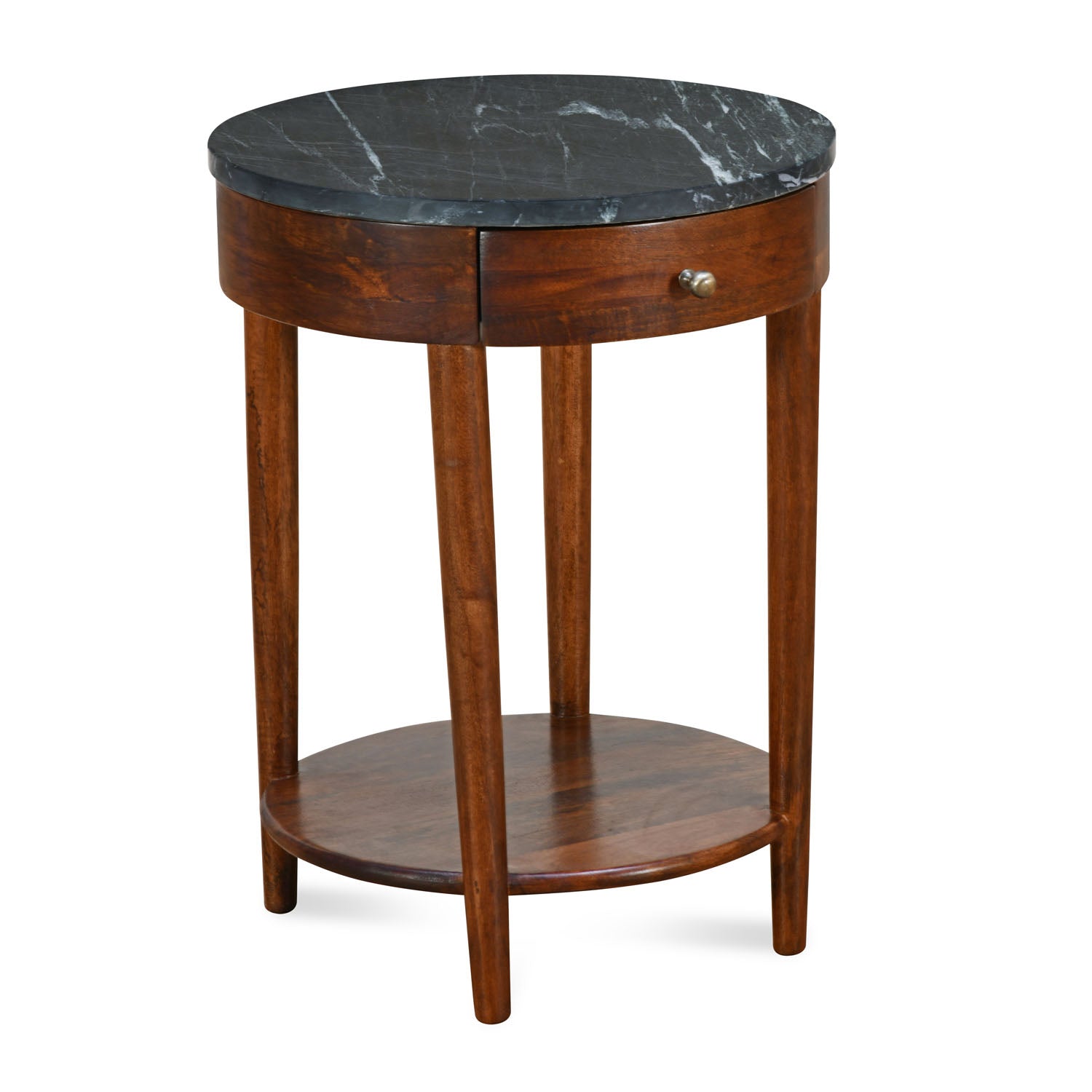 Kyran Round Side Table with Drawer & Shelf Storage (Red Walnut)