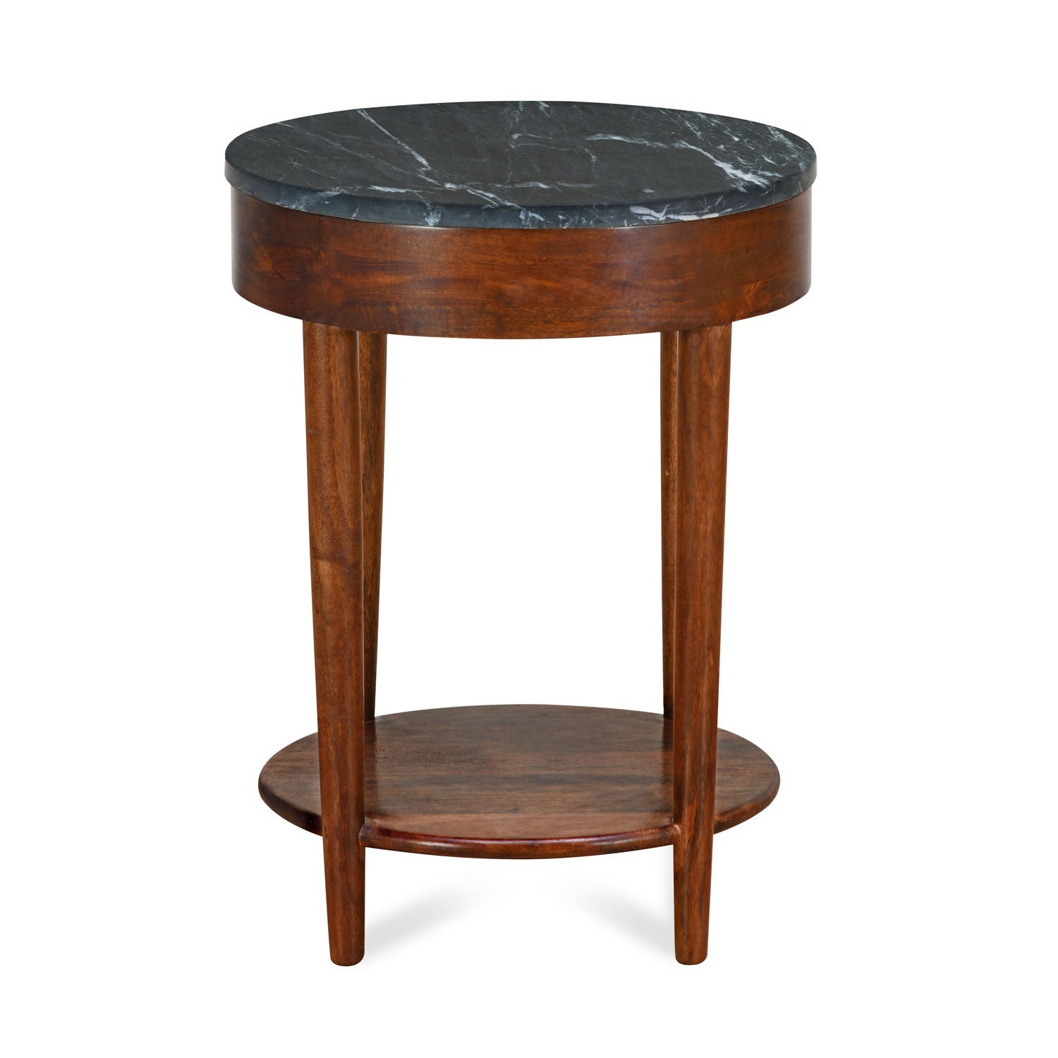 Kyran Round Side Table with Drawer & Shelf Storage (Red Walnut)