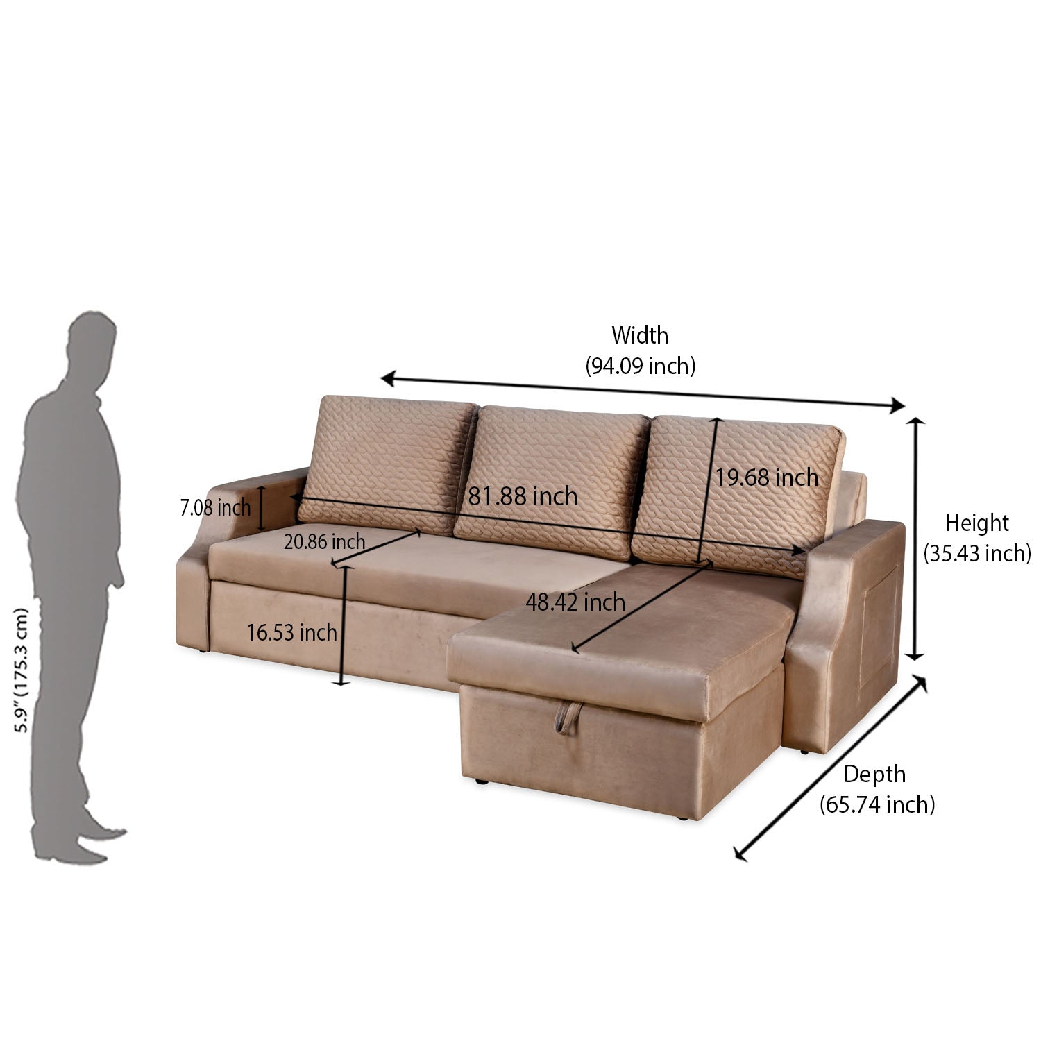 Portland LHS Sofa With Lounger & Storage (Light Brown)