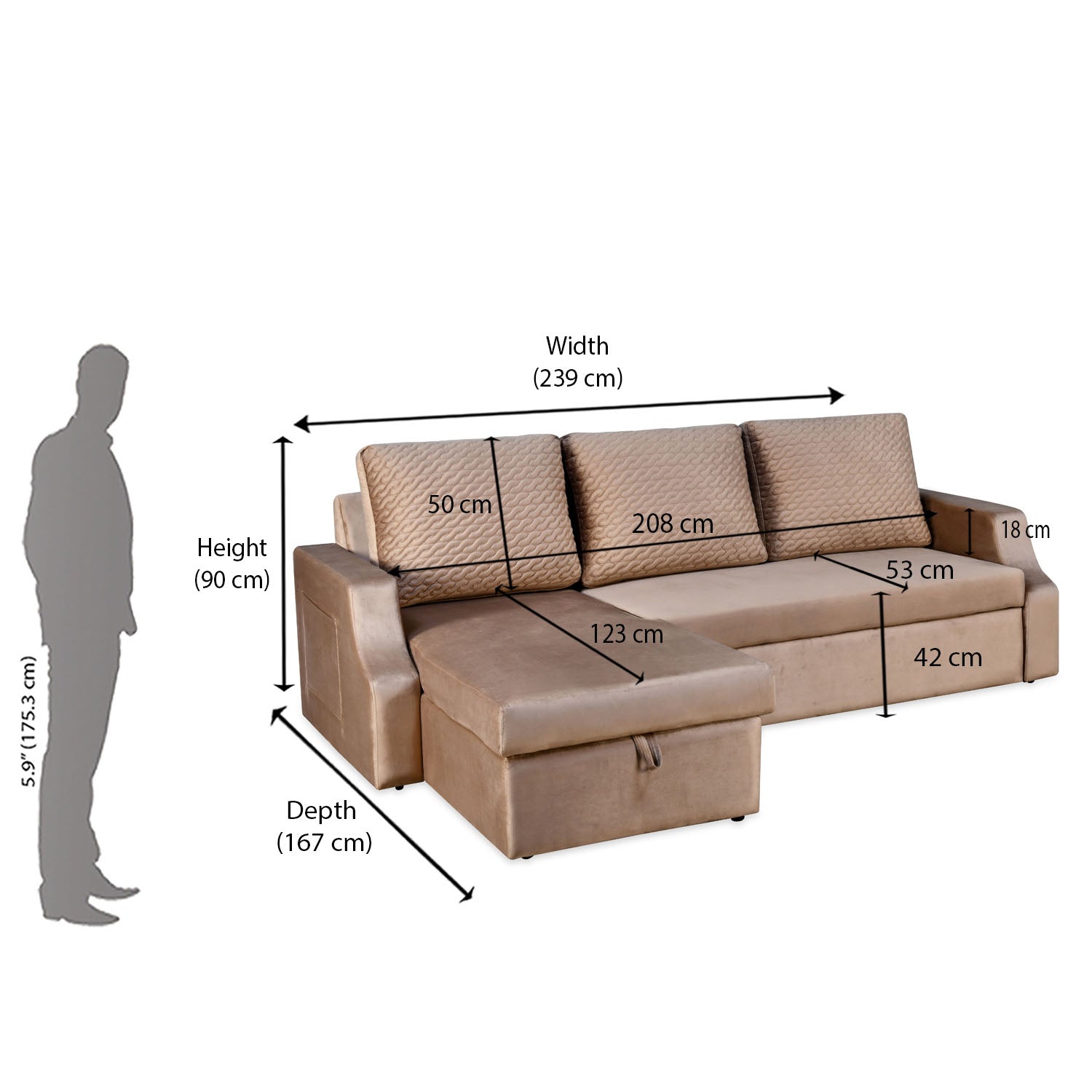 Portland RHS Sofa With Lounger & Storage (Light Brown)