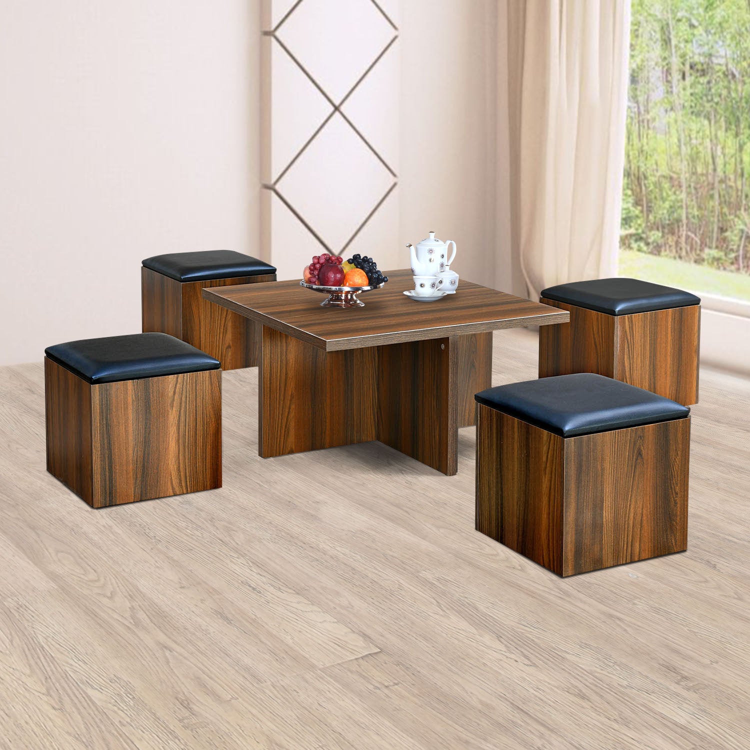 Trendy Engineered Wood Coffee Table Set with Storage Stool (Walnut)