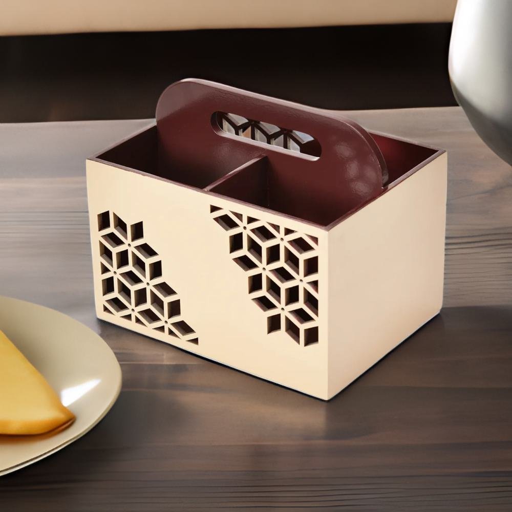 MDF Wooden Cutlery Holder (Brown & Beige)