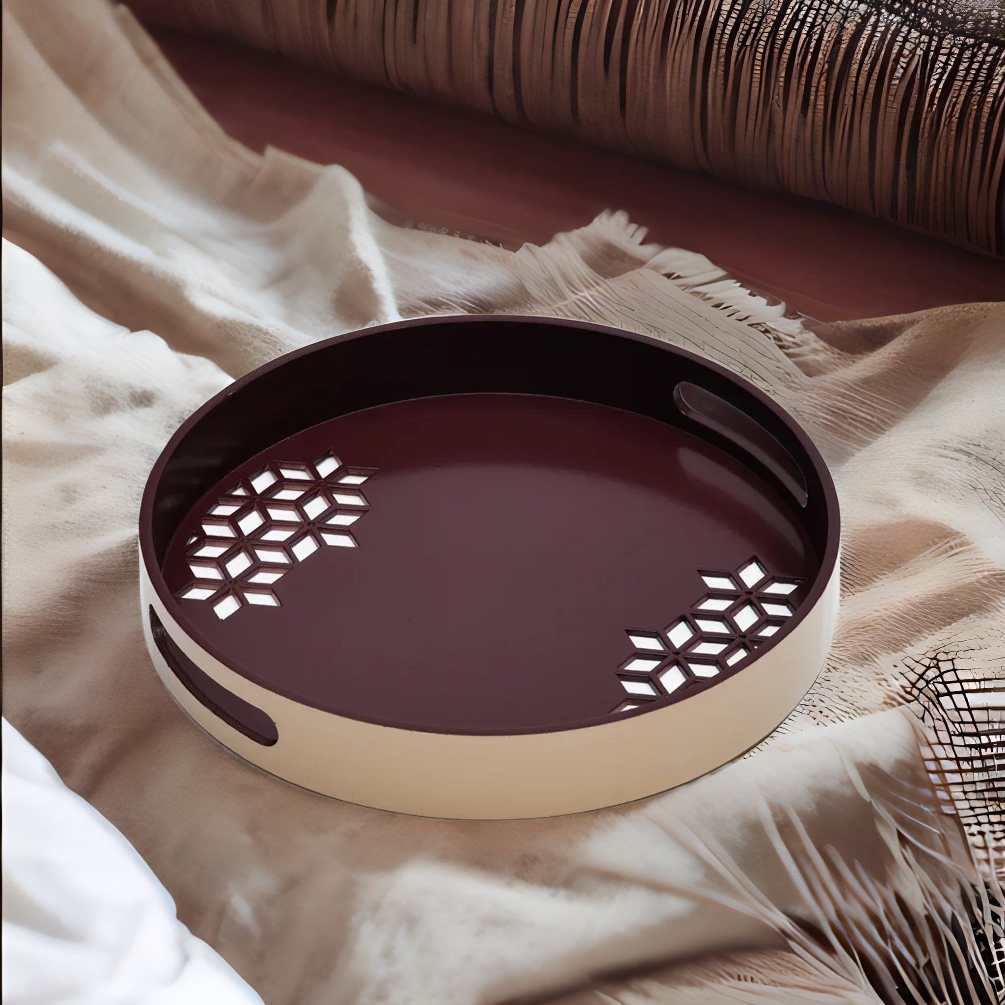 MDF Wooden Round Tray (Brown & Beige)